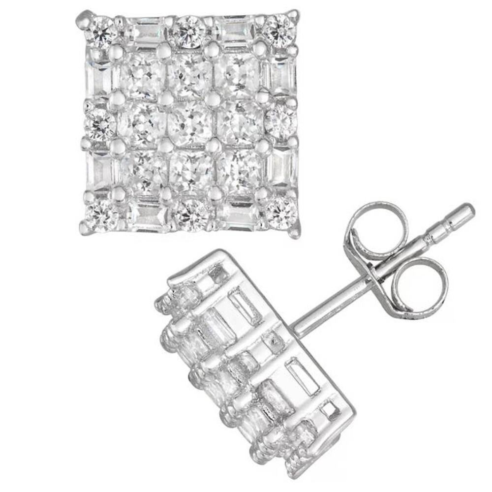 Sterling Silver 925 Cubic Zirconia CZ Square Fashion Stud Earrings ~ NEW